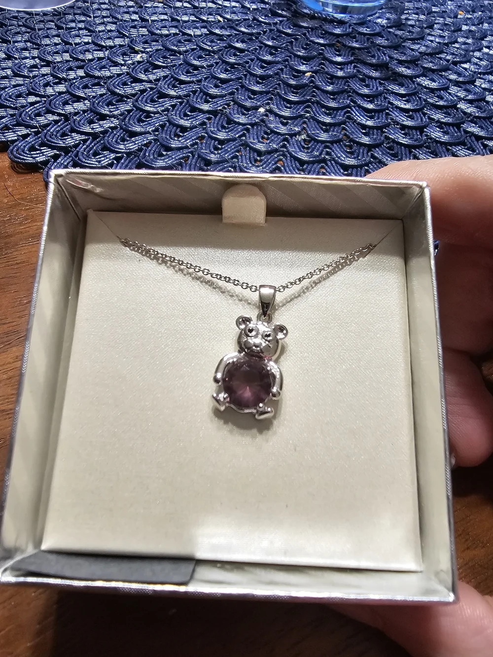 Sterling Silver Teddy Pendant Necklace with Purple Gem